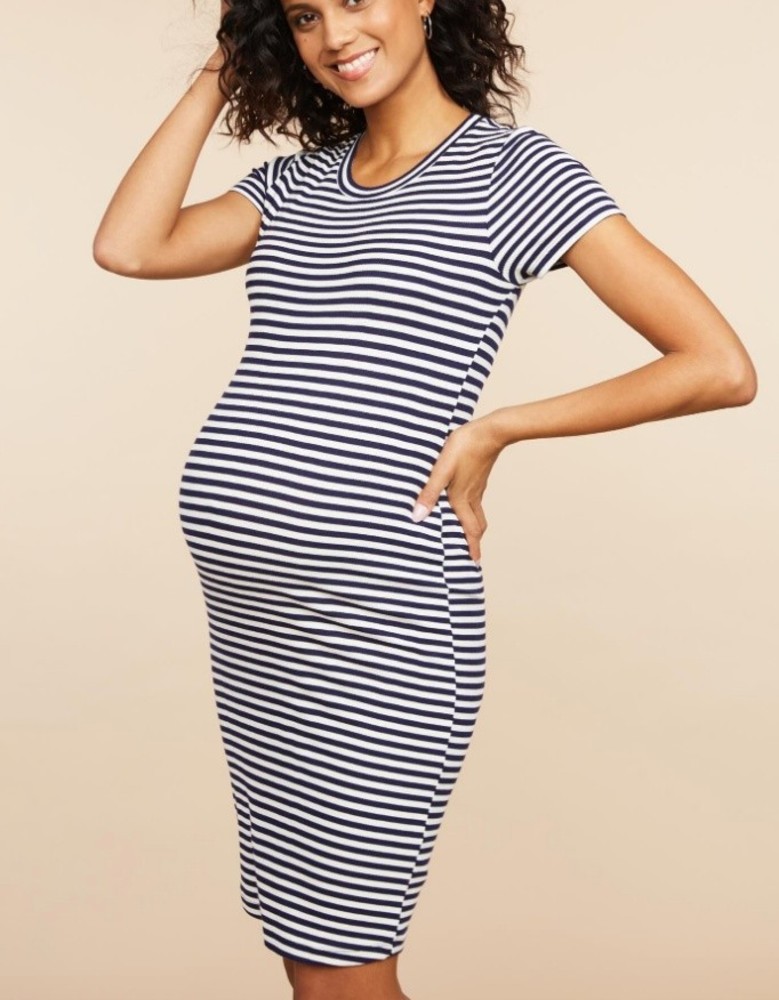 Motherhood T Shirt Dress Striped Blue White Short Sleeve Midi Size Large